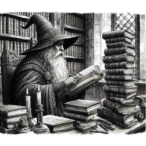 Wizard in the library studying history